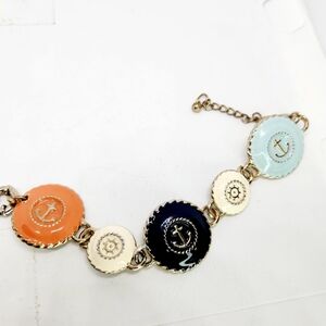 Anchor Nautical Gold Tone Enamel Round Panel Link Vintage Bracelet Sailor Cruise